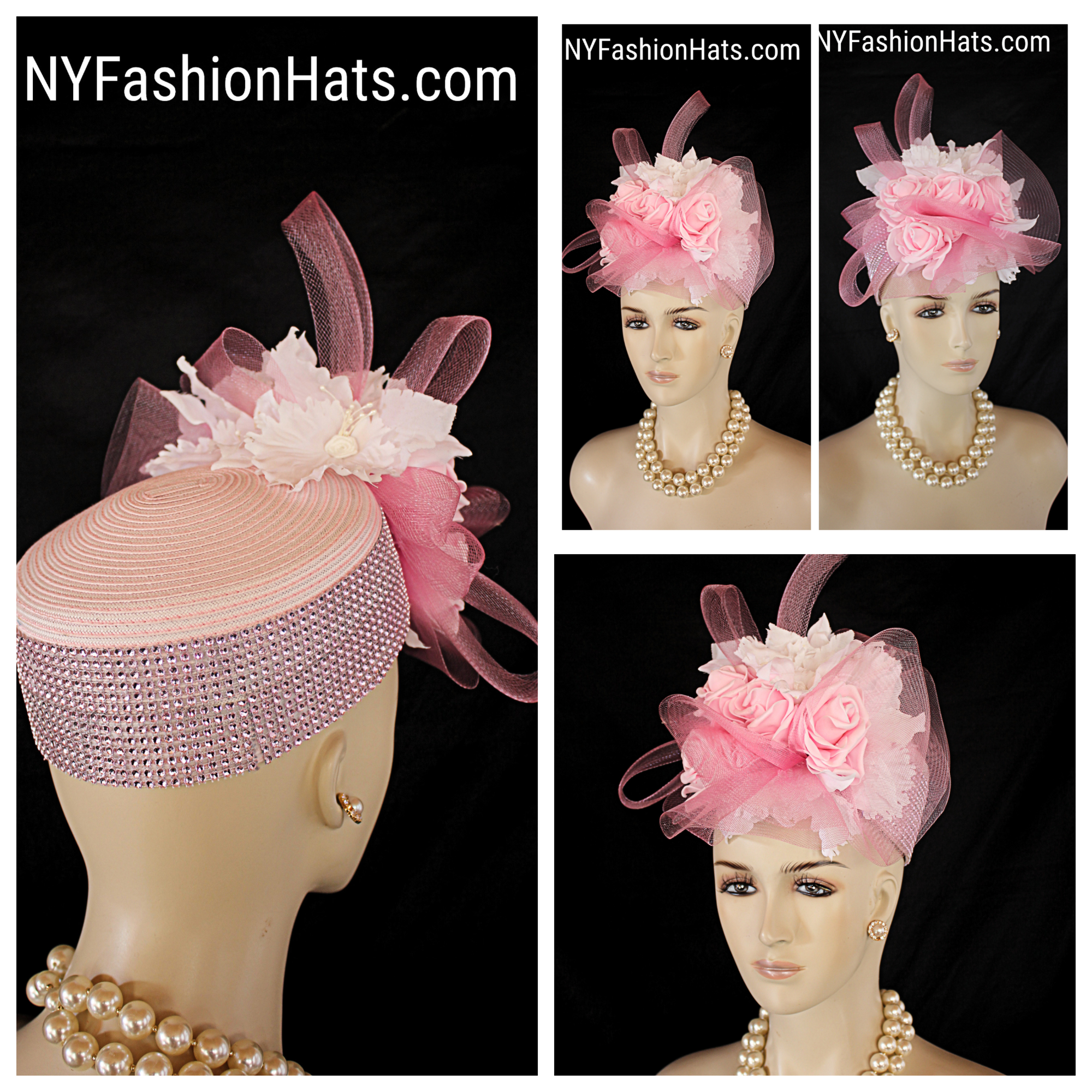 Women's Couture Designer Pink And White Pillbox Formal Hat