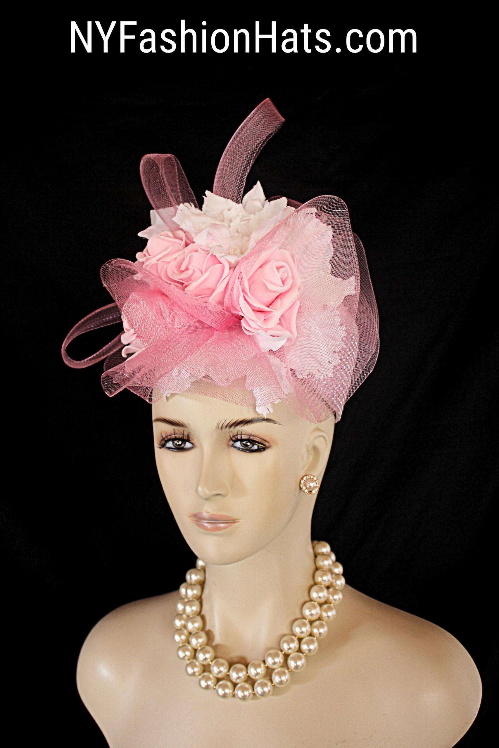 Women's Luxury Designer Pink And White Pillbox Bridal Wedding Hat