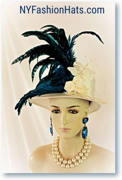 Haute Couture Designer Satin Wedding Hat, Ivory Off White Peacock Blue Formal Hat - Image 3