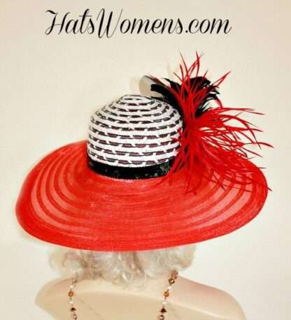 Haute Couture Red Black White Designer Hat, Hats For Horse Races, Wide Brim Church Temple Formal Hat, NYFashionHats Millinery Wedding Hat K0 - Image 2