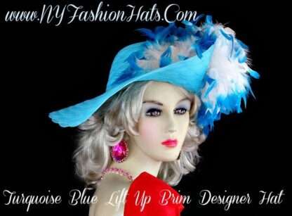 Ladies Turquoise Blue Hat With White Feathers, Designer Dress Hats