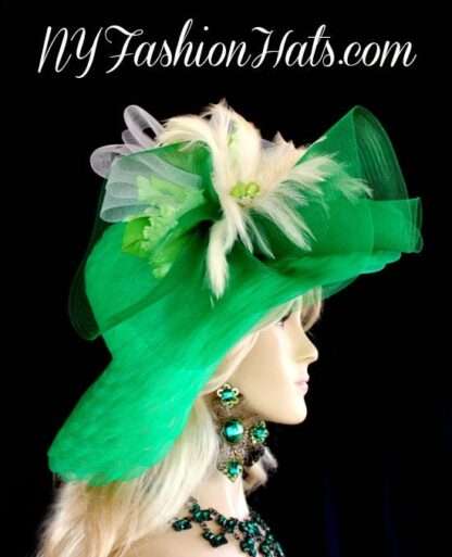 Kelly Green White Wedding Church Temple Hat, Hats For Horse Races, Kentucky Derby Hats, Wide Brim Hat NYFashionHats, CoutureDesignerHats, K0