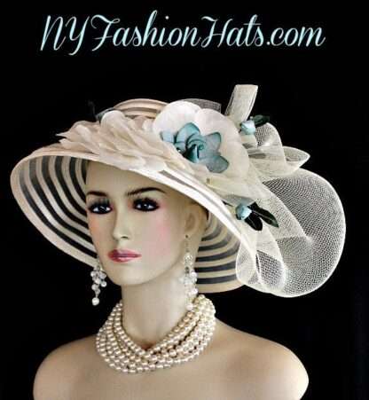 Haute Couture Luxury Statement Designer Hat, Ivory Teal Blue Green Designer Kentucky Derby Fashion Hat, NYFashionHats Millinery, Kathy - Image 5