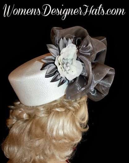 Hat White Silver Grey Pillbox Wedding Headpiece Woman's Designer Bridal Church Hats - Image 2