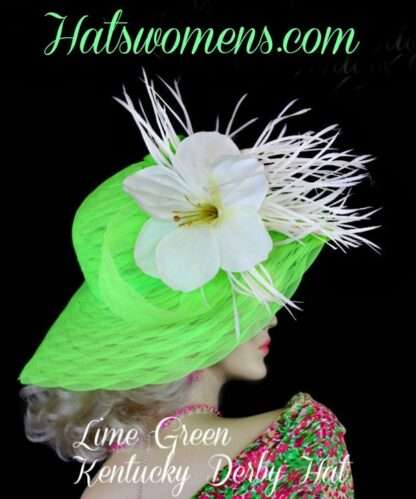 Lime Green White Wide Brim Kentucky Derby Hat, Women's Designer Hats