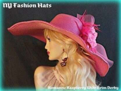 Ladies Raspberry Magenta Hot Pink Wide Brim Derby Dress Wedding Hat, Church Hats