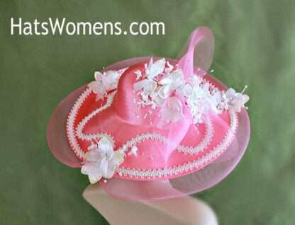 Women's Flamingo Pink White Sequin Pearl Velvet Flower Hat, Wide Brim Couture Designer Wedding Hat Races 7gh1 - Image 2