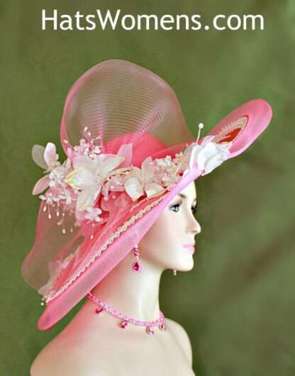 Women's Flamingo Pink White Sequin Pearl Velvet Flower Hat, Wide Brim Couture Designer Wedding Hat Races 7gh1