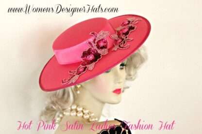 Women's Hot Pink Sequin Designer Satin Wide Brim Dress Hat, Weddings Church Formals Hats 8997