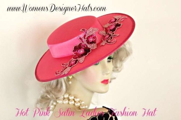 Women's Hot Pink Sequin Designer Satin Wide Brim Dress Hat, Weddings Church Formals Hats 8997