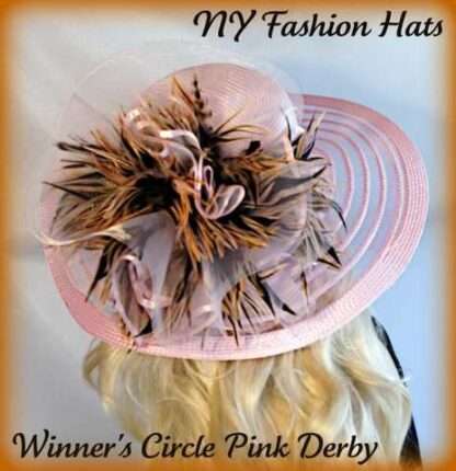 Ladies Pink Brown Striped Feather Designer Fashion Hat, Hats For Weddings Formals Church Dress Y75 - Image 3