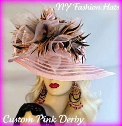 Ladies Pink Brown Striped Feather Designer Fashion Hat, Hats For Weddings Formals Church Dress Y75