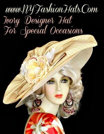 Kentucky Derby Hats, Ivory Designer Hat With A Striped Bow And Flower