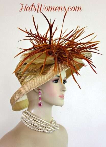 Woman's Designer Gold Formal Church Special Occasion Hat, Ladies Wedding Dress Hats With Feathers