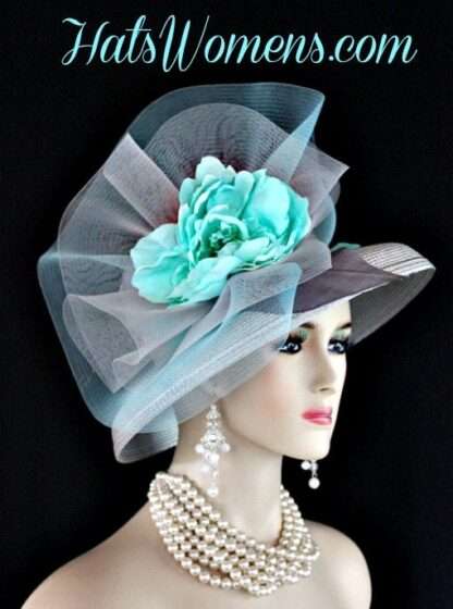 Ladies Silver Grey Aqua Turquoise Blue Designer Fashion Hat, Wedding Church Kentucky Derby Hats - Image 2