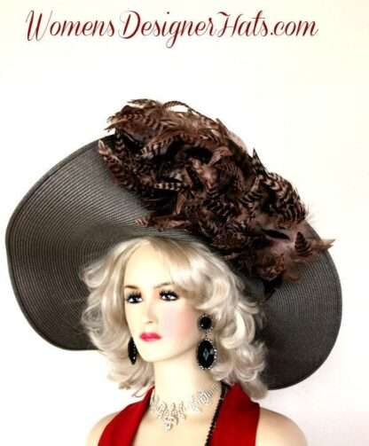 Taupe Wide Brim Pink Brown Feathers Kentucky Derby Hat, Women's Hats