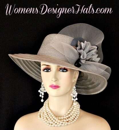 Silver Grey Wide Brim Designer Fashion Church Bespoke Couture Hat Wedding Hats U559