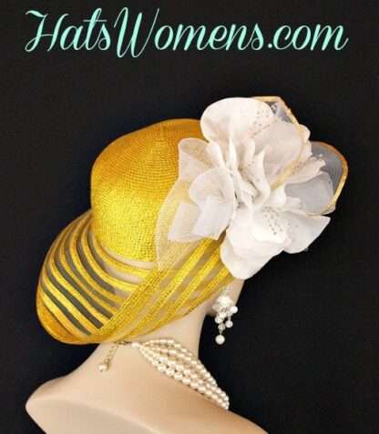 Metallic Gold White Wide Brim Designer Fashion Wedding Hat, Kentucky Derby Hats - Image 3