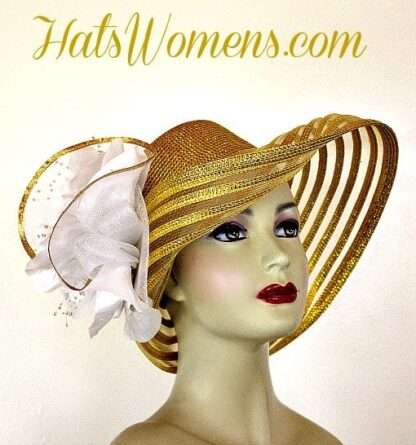 Metallic Gold White Wide Brim Designer Fashion Wedding Hat, Kentucky Derby Hats