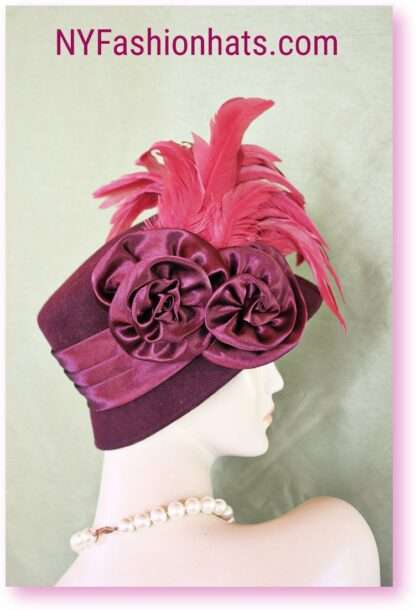 Couture Burgundy Winter Wool Hot Pink Feathered Designer Hat, Church Weddings Formals Melbourne Cup Hats Millinery 8218 - Image 2