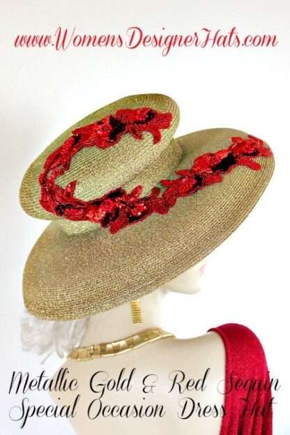 Metallic Gold Red Designer Women's Dress Hat, Wide Brim Hats