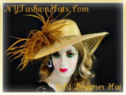 Ladies Antique Gold Feathered Kentucky Derby Hat, Hats For Church Dress Weddings Formals 8tte - Image 2