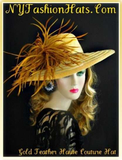 Ladies Antique Gold Feathered Kentucky Derby Hat, Hats For Church Dress Weddings Formals 8tte