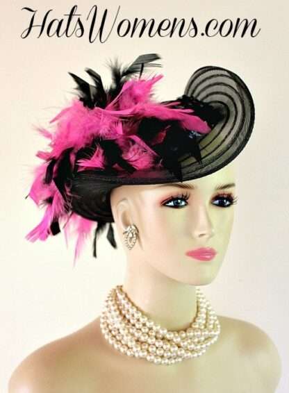 Black Satin Hot Pink Women's Designer Formal Fashion Hat, Victorian Edwardian Riding Hats