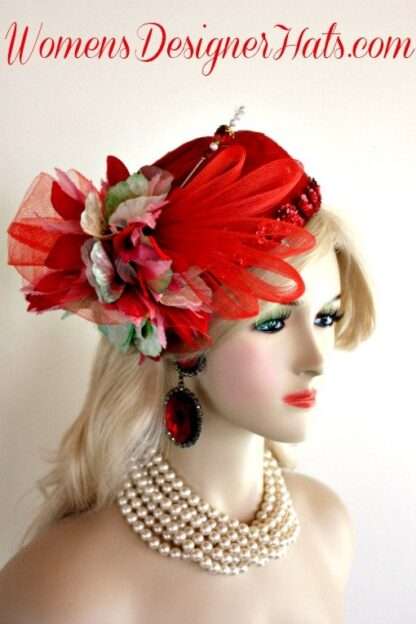 Ladies Red Green Pink Cocktail Hat Wedding Pillbox Cloche Formal Couture Bridal Hats - Image 3