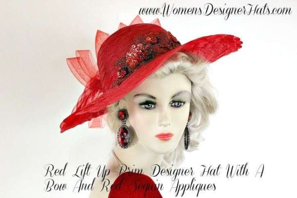 Red Wide Brim Designer Fashion Women's Hat, Kentucky Derby Hats