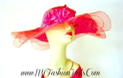 Red Wide Big Brim Sheer Hat With Roses, Kentucky Derby Hat, Hats For Horse Races, Custom Hat And Rose Colors, NYFashionHats Millinery, Dana