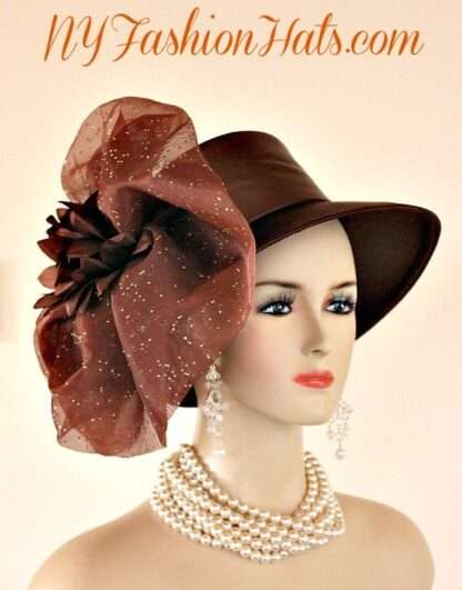 Women's Designer Brown Satin Dress Fashion Hat, Weddings Church Formals Hats Ir8 - Image 2