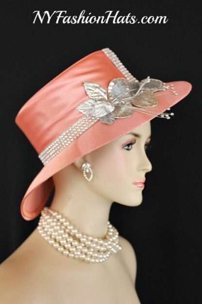 Ladies Peach Metallic Silver Abstract Wide Brim Satin Designer Church Wedding Dress Hat Flowers, Custom Millinery S882