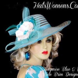 Ladies Turquoise Blue White Derby Tea Dress Hat, Women's Hats 876