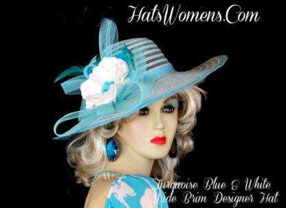 Ladies Turquoise Blue White Derby Tea Dress Hat, Women's Hats 876