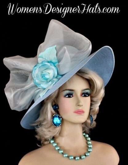 Ladies Baby Blue Turquoise White Wedding Church Kentucky Dery Hat Couture Hats Z2u8