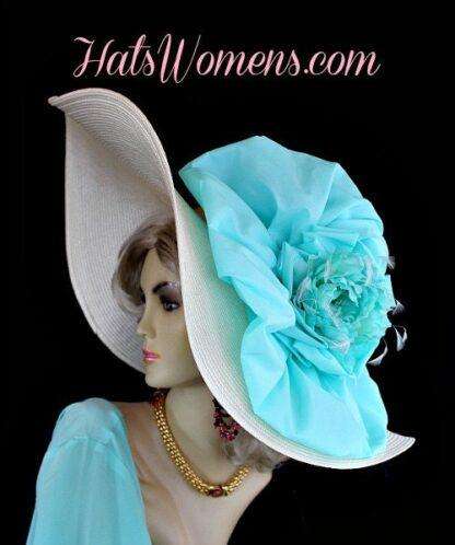 Women's Ivory Aqua Designer Wide Brim Dress Fashion Hat, Weddings Kentucky Derby 8nmn - Image 5