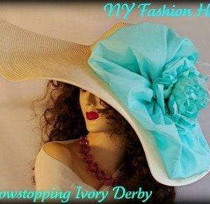 Women's Ivory Aqua Designer Wide Brim Dress Fashion Hat, Weddings Kentucky Derby 8nmn