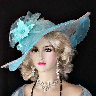 Ladies Turquoise Blue White Large Brimmed Designer Fashion Hat