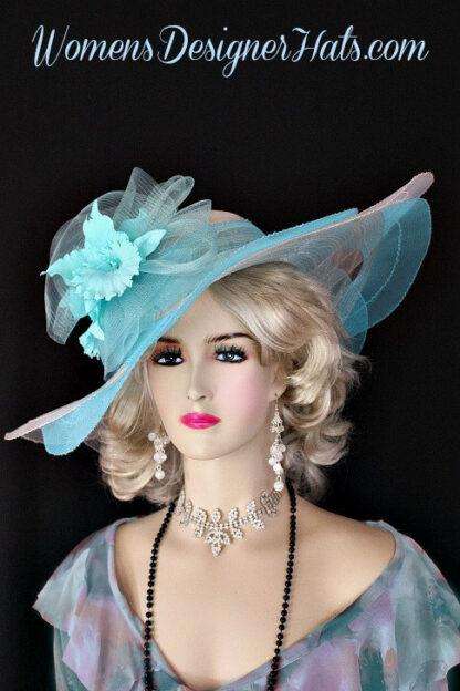 Turquoise Aqua Blue White Wide Brim Kentucky Derby Hat, Womens Hats