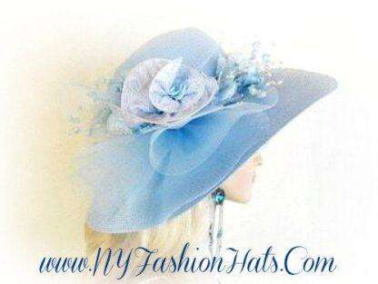 Baby Blue Wide Brim Designer Hat With Silk Flowers, Ny Fashion Hats