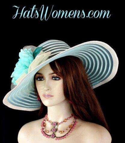 Kentucky Derby Hat Ivory Aqua Turquoise Blue Teal Woman's Fashion Hats - Image 2