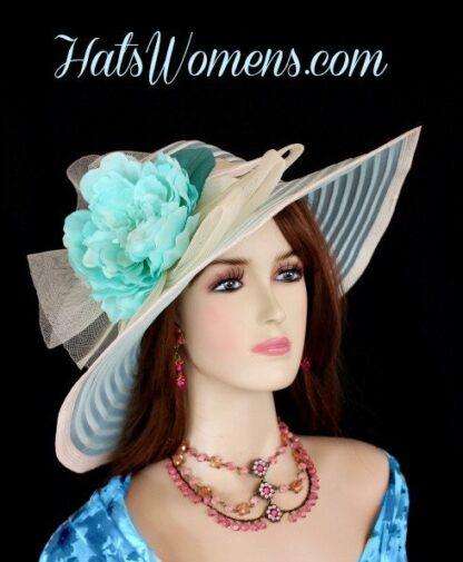 Kentucky Derby Hat Ivory Aqua Turquoise Blue Teal Woman's Fashion Hats