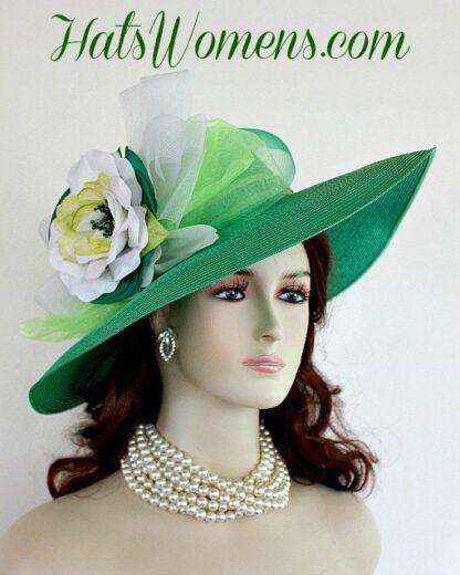 Ladies Kelly Green White Lime Designer Fashion Hat, Wedding Church Hats