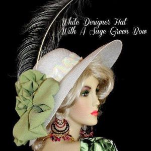 Women's White Dress Hat With A Sage Jade Olive Green Bow, Hats For Weddings