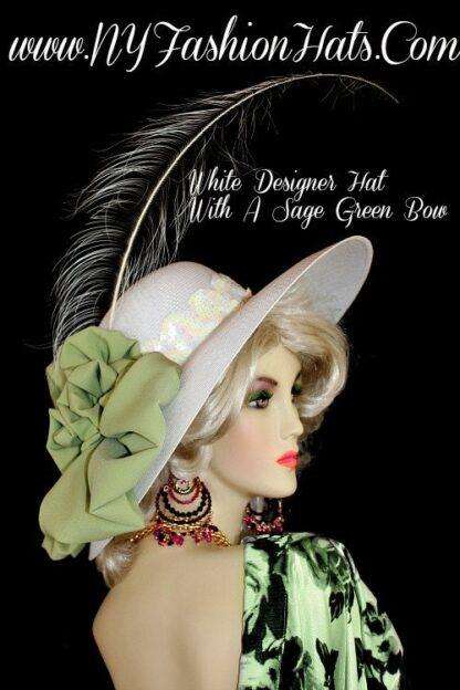 Women's White Dress Hat With A Sage Jade Olive Green Bow, Hats For Weddings