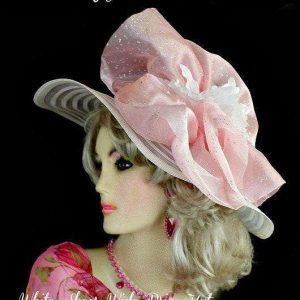 Ladies White Pink Wide Brim Derby Occasion Hat, Women's Hats