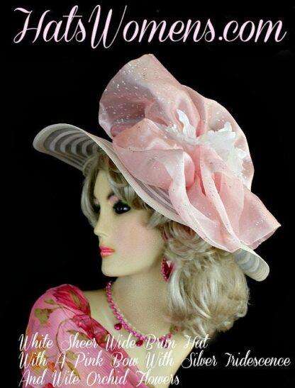 Ladies White Pink Wide Brim Derby Occasion Hat, Women's Hats