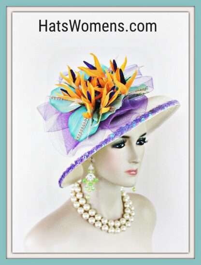 Antique White Ivory Couture Designer Wedding Church Hat, Orange Purple Aqua Flowers 8165 - Image 3