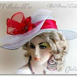 Haute Couture Silver White Red Horsehair Satin Hat, NYFashionHats Millinery, Wide Large Brim Designer Hat For Women, Dress Church Formals